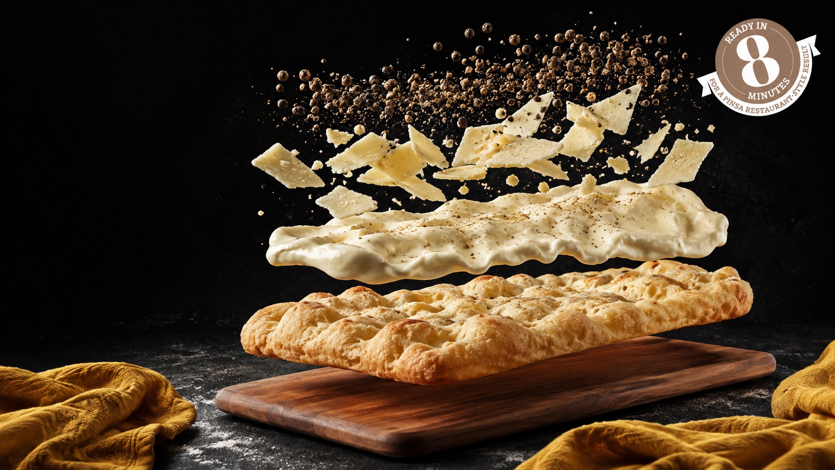 Base de pinsa précuite avec crème de pecorino, copeaux de fromage et poivre noir en suspension