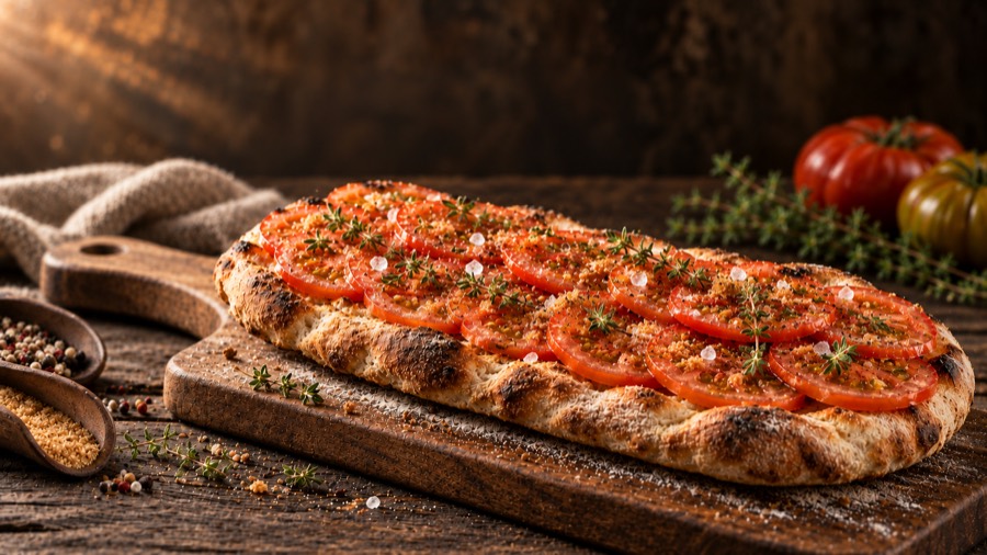 Pinsa parfumée aux tranches de tomate et thym